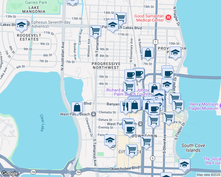 map of restaurants, bars, coffee shops, grocery stores, and more near 411 Division Avenue in West Palm Beach