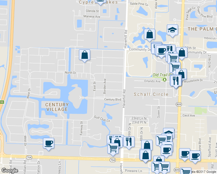 map of restaurants, bars, coffee shops, grocery stores, and more near 62 Salisbury D in West Palm Beach