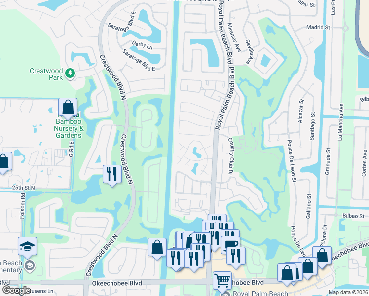 map of restaurants, bars, coffee shops, grocery stores, and more near 25 Bedford Court in Royal Palm Beach