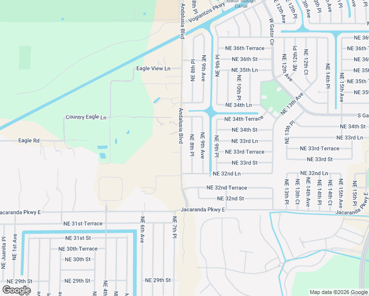 map of restaurants, bars, coffee shops, grocery stores, and more near 3319 Andalusia Boulevard in Cape Coral