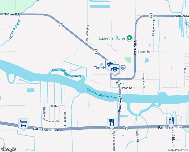 map of restaurants, bars, coffee shops, grocery stores, and more near 21230 North River Road in Alva