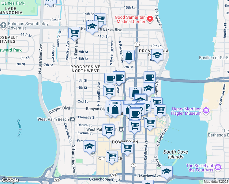 map of restaurants, bars, coffee shops, grocery stores, and more near 410 North Rosemary Avenue in West Palm Beach