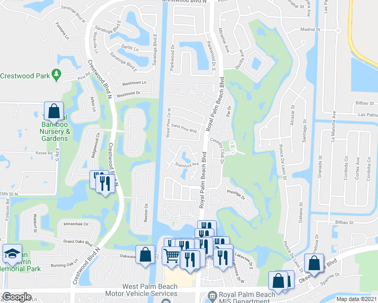 map of restaurants, bars, coffee shops, grocery stores, and more near 14 Amherst Court in Royal Palm Beach