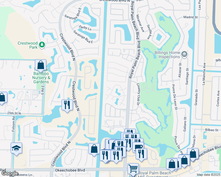 map of restaurants, bars, coffee shops, grocery stores, and more near 25 Bedford Court in Royal Palm Beach