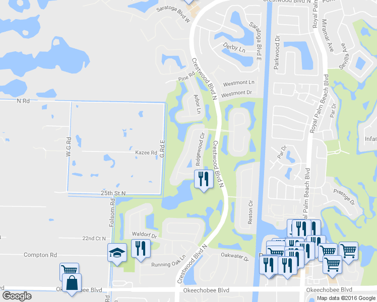 map of restaurants, bars, coffee shops, grocery stores, and more near 2236 Ridgewood Circle in Royal Palm Beach