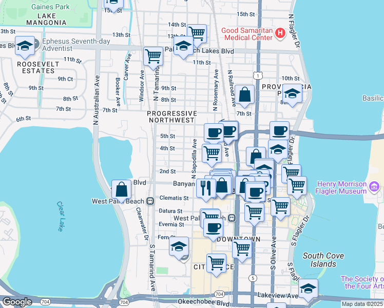 map of restaurants, bars, coffee shops, grocery stores, and more near 411 Division Avenue in West Palm Beach