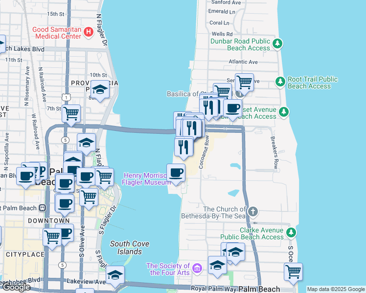 map of restaurants, bars, coffee shops, grocery stores, and more near 316 Royal Poinciana Plaza in Palm Beach