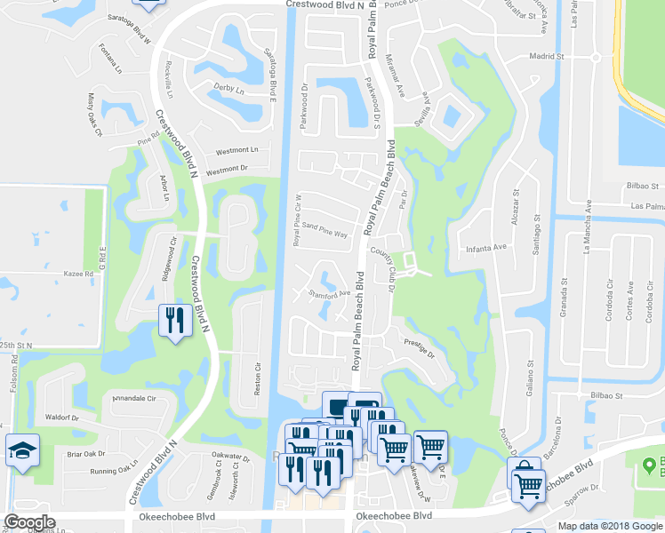 map of restaurants, bars, coffee shops, grocery stores, and more near 11 Amherst Court in Royal Palm Beach