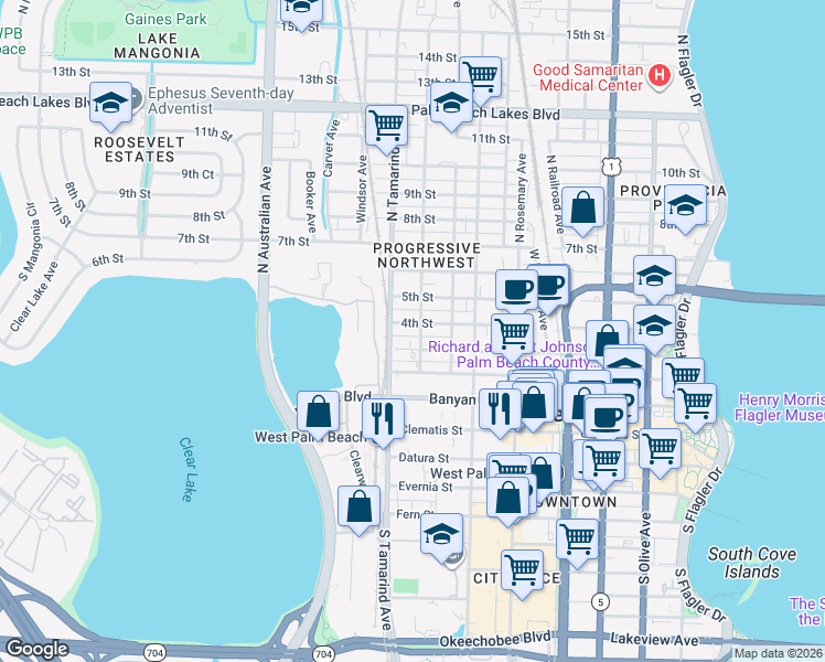 map of restaurants, bars, coffee shops, grocery stores, and more near 901 3rd Street in West Palm Beach