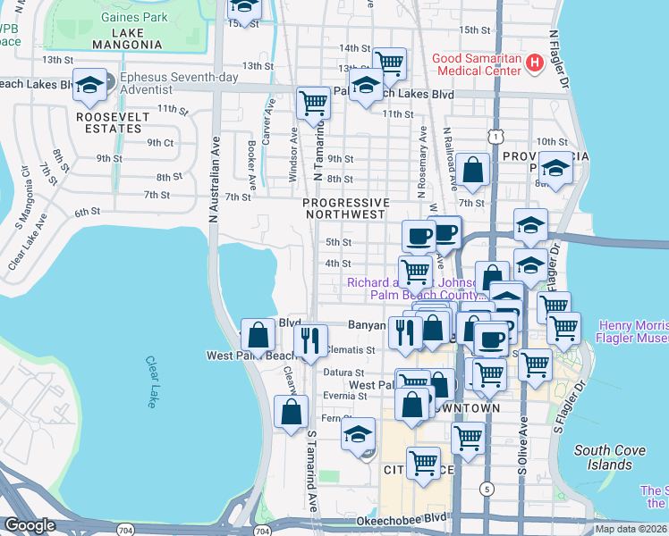 map of restaurants, bars, coffee shops, grocery stores, and more near 901 3rd Street in West Palm Beach