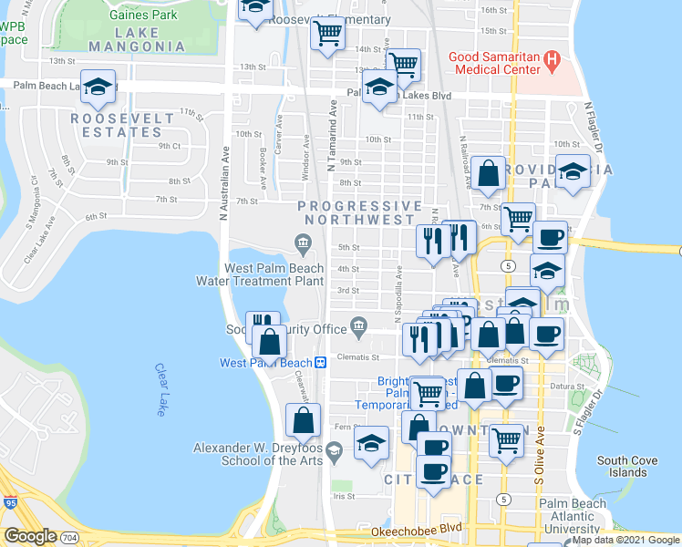 map of restaurants, bars, coffee shops, grocery stores, and more near 901 3rd Street in West Palm Beach
