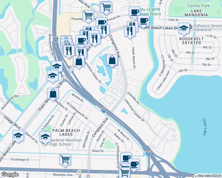 map of restaurants, bars, coffee shops, grocery stores, and more near 500 Executive Center Drive in West Palm Beach