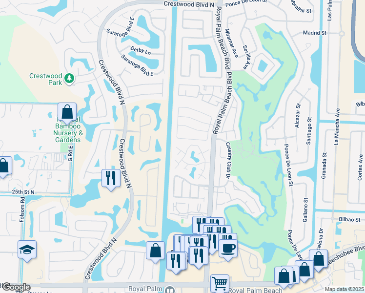 map of restaurants, bars, coffee shops, grocery stores, and more near 20 Bedford Court in Royal Palm Beach