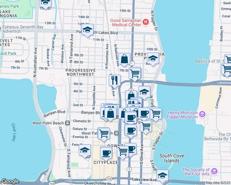 map of restaurants, bars, coffee shops, grocery stores, and more near 400 U.S. 1 in West Palm Beach