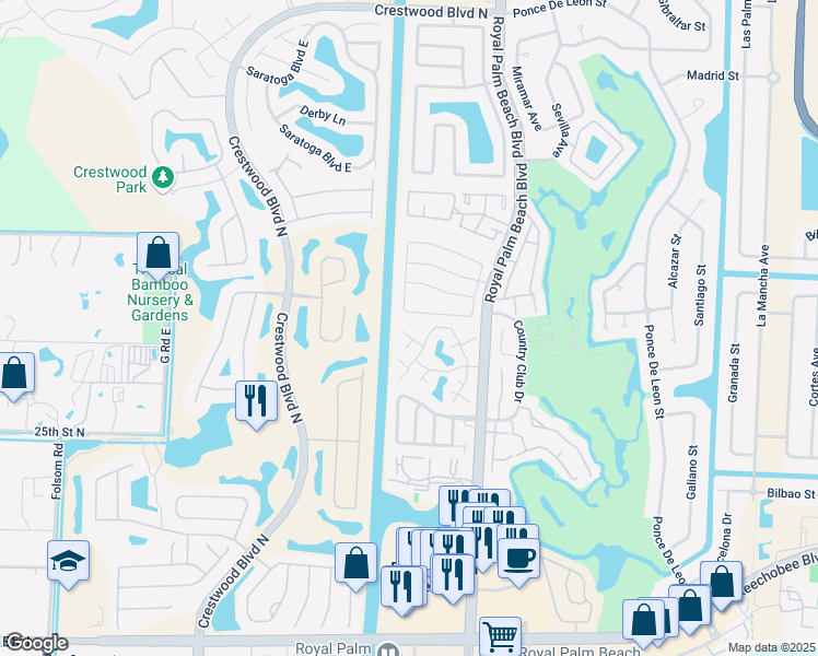 map of restaurants, bars, coffee shops, grocery stores, and more near 25 Bedford Court in Royal Palm Beach