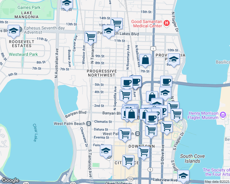 map of restaurants, bars, coffee shops, grocery stores, and more near 627 3rd Street in West Palm Beach