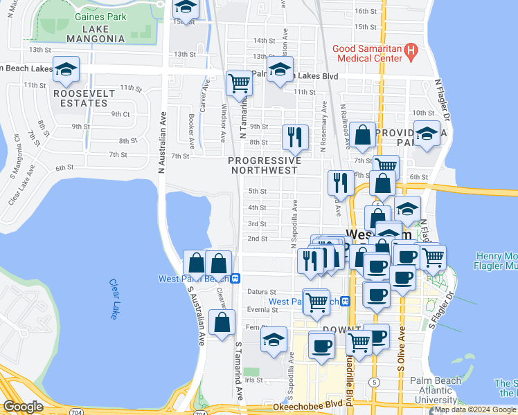 map of restaurants, bars, coffee shops, grocery stores, and more near 901 3rd Street in West Palm Beach