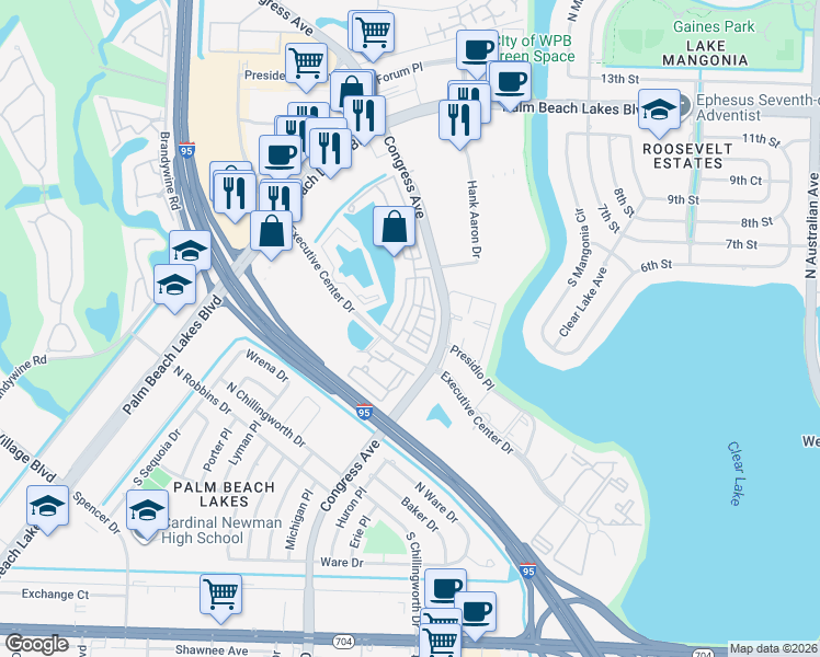 map of restaurants, bars, coffee shops, grocery stores, and more near 499 Corte Madera Lane in West Palm Beach