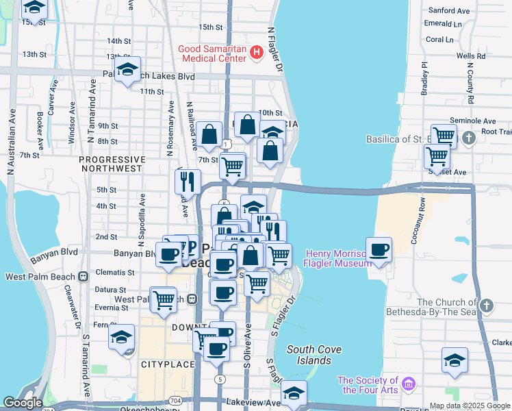 map of restaurants, bars, coffee shops, grocery stores, and more near 605 North Olive Avenue in West Palm Beach