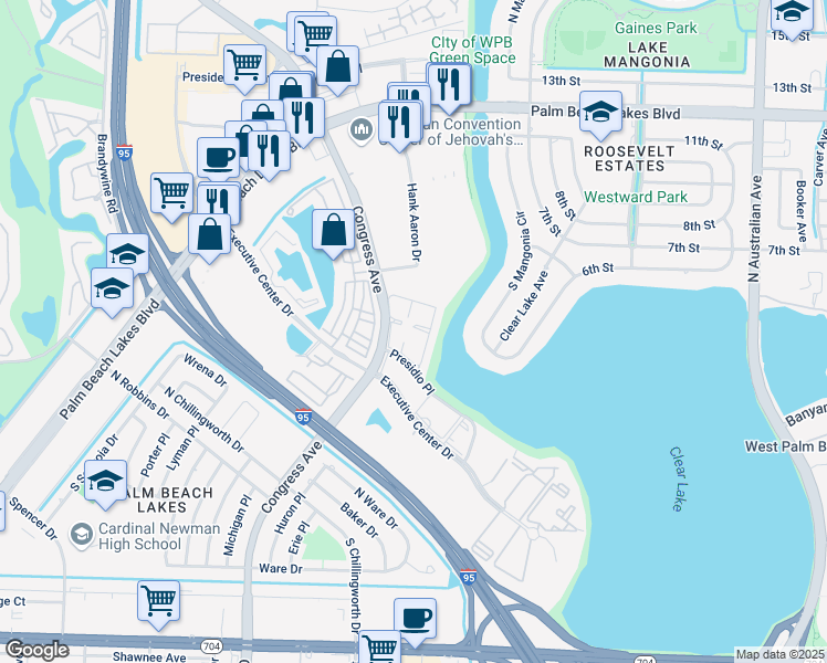 map of restaurants, bars, coffee shops, grocery stores, and more near 500 North Congress Avenue in West Palm Beach