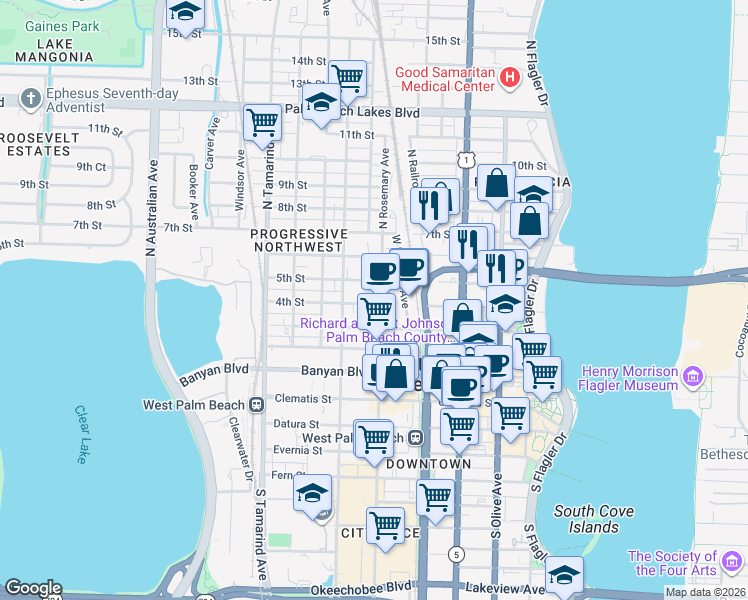 map of restaurants, bars, coffee shops, grocery stores, and more near 600 North Rosemary Avenue in West Palm Beach