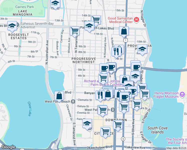 map of restaurants, bars, coffee shops, grocery stores, and more near 720 5th Street in West Palm Beach