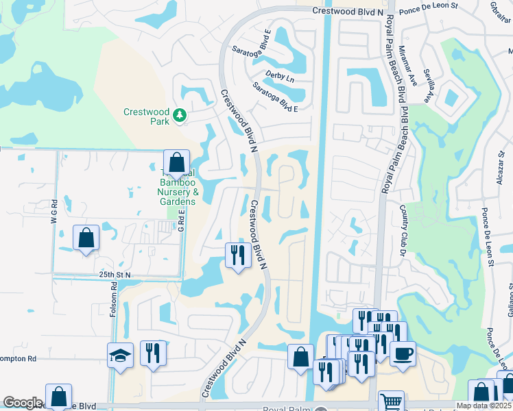 map of restaurants, bars, coffee shops, grocery stores, and more near Crestwood Boulevard North in Royal Palm Beach