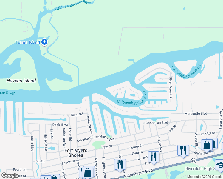 map of restaurants, bars, coffee shops, grocery stores, and more near 13308 Island Road in Fort Myers