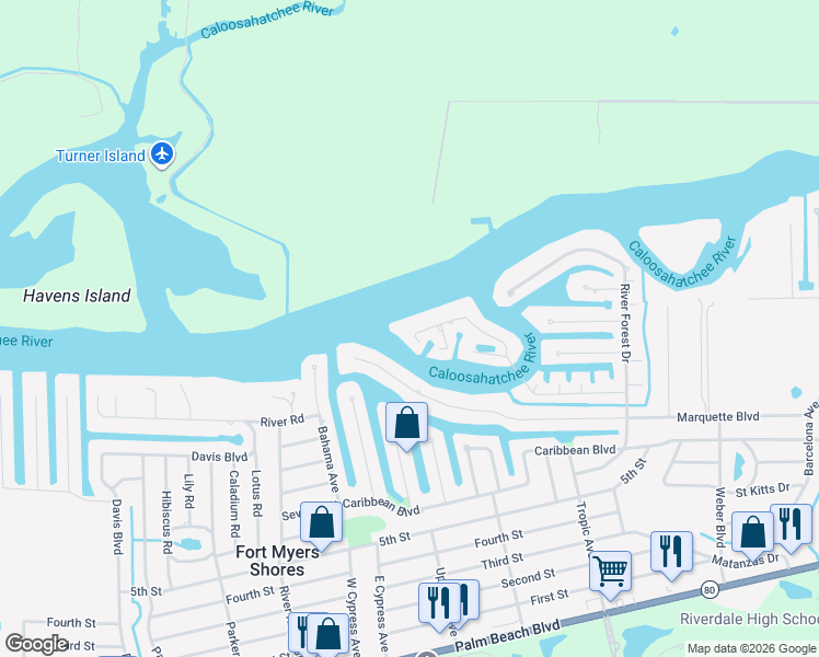 map of restaurants, bars, coffee shops, grocery stores, and more near 13308 Island Road in Fort Myers