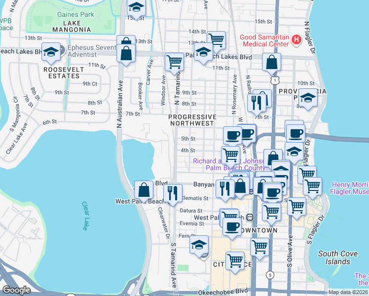 map of restaurants, bars, coffee shops, grocery stores, and more near 911 4th Street in West Palm Beach