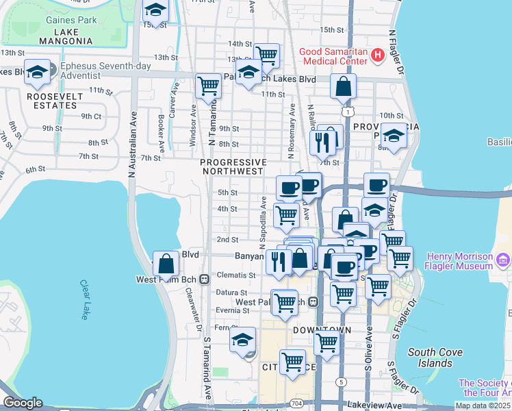 map of restaurants, bars, coffee shops, grocery stores, and more near 720 5th Street in West Palm Beach