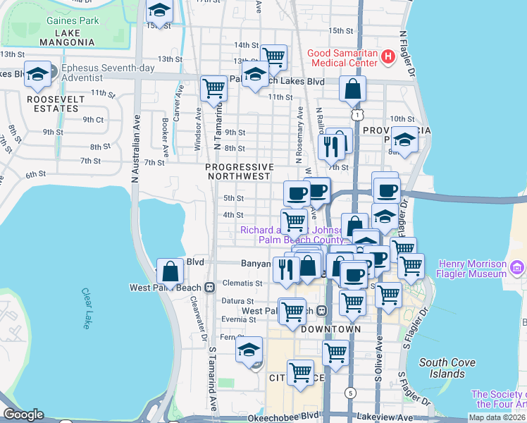 map of restaurants, bars, coffee shops, grocery stores, and more near 720 5th Street in West Palm Beach
