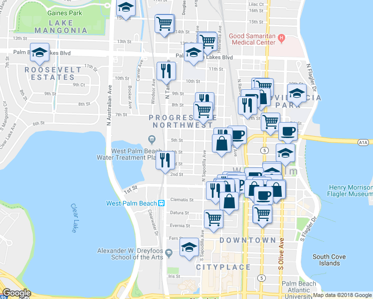 map of restaurants, bars, coffee shops, grocery stores, and more near 720 5th Street in West Palm Beach
