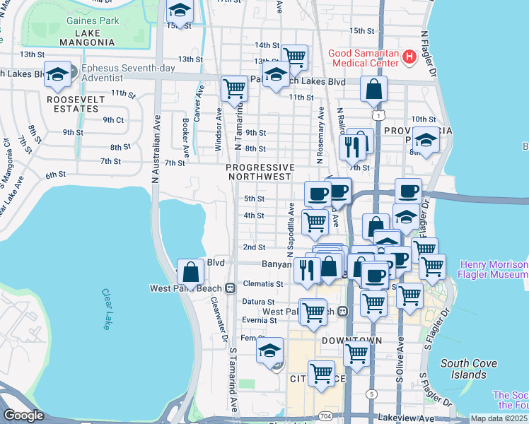 map of restaurants, bars, coffee shops, grocery stores, and more near 720 5th Street in West Palm Beach