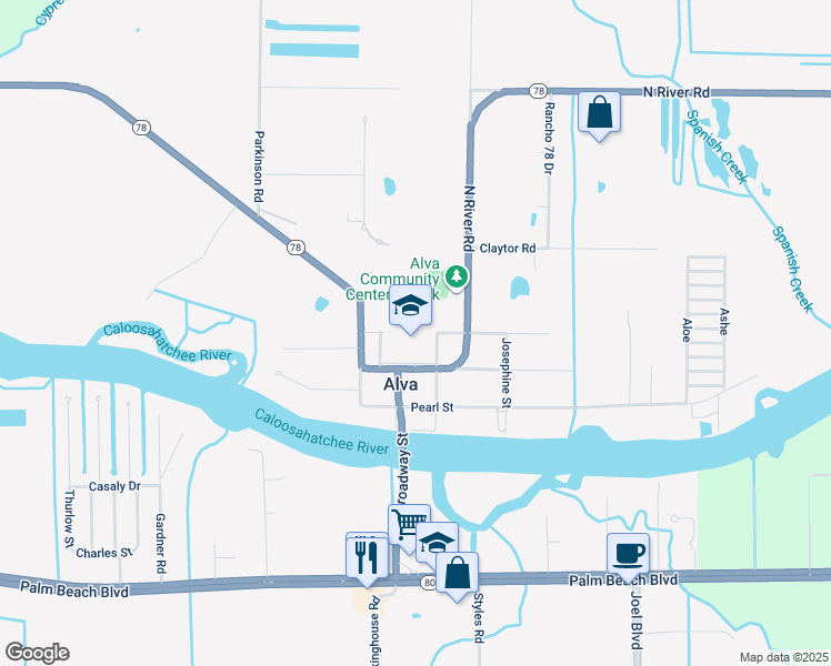 map of restaurants, bars, coffee shops, grocery stores, and more near 21219 North River Road in Alva