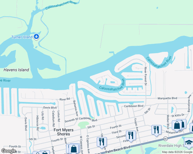 map of restaurants, bars, coffee shops, grocery stores, and more near 13308 Island Road in Fort Myers