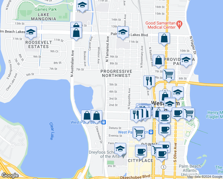 map of restaurants, bars, coffee shops, grocery stores, and more near 911 4th Street in West Palm Beach