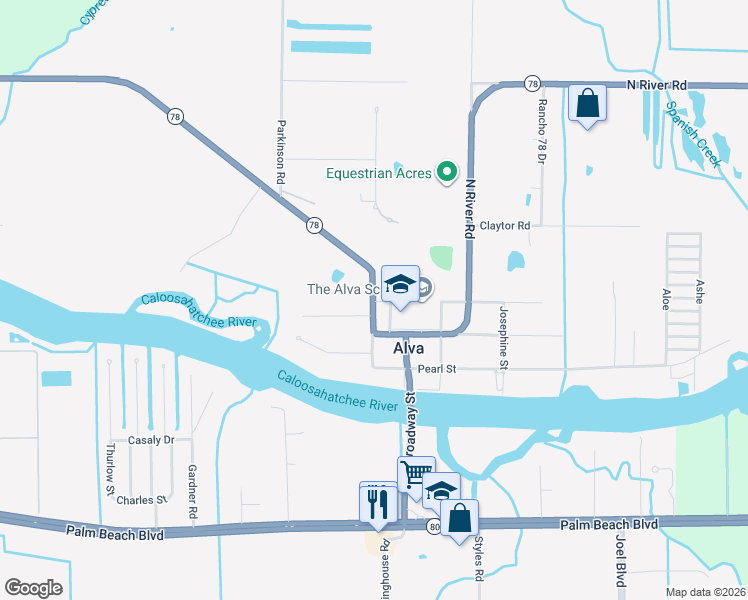 map of restaurants, bars, coffee shops, grocery stores, and more near 21219 North River Road in Alva