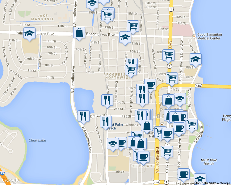 map of restaurants, bars, coffee shops, grocery stores, and more near 906 5th Street in West Palm Beach