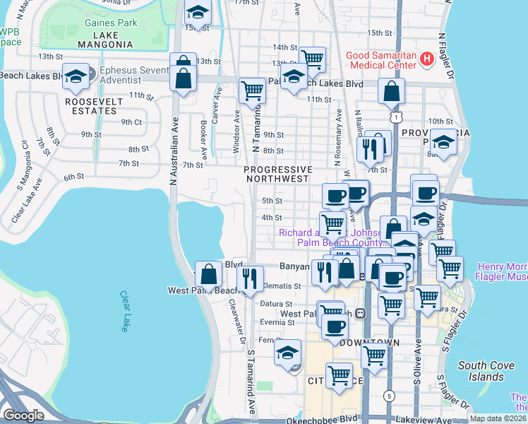 map of restaurants, bars, coffee shops, grocery stores, and more near 906 5th Street in West Palm Beach