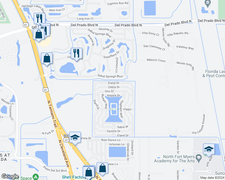 map of restaurants, bars, coffee shops, grocery stores, and more near 393A Timbili Lane in North Fort Myers