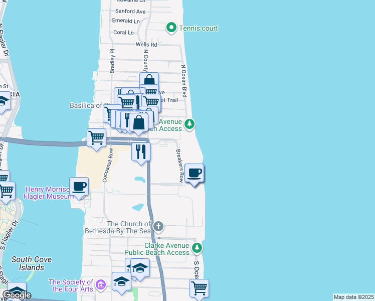 map of restaurants, bars, coffee shops, grocery stores, and more near 2 North Breakers Row in Palm Beach