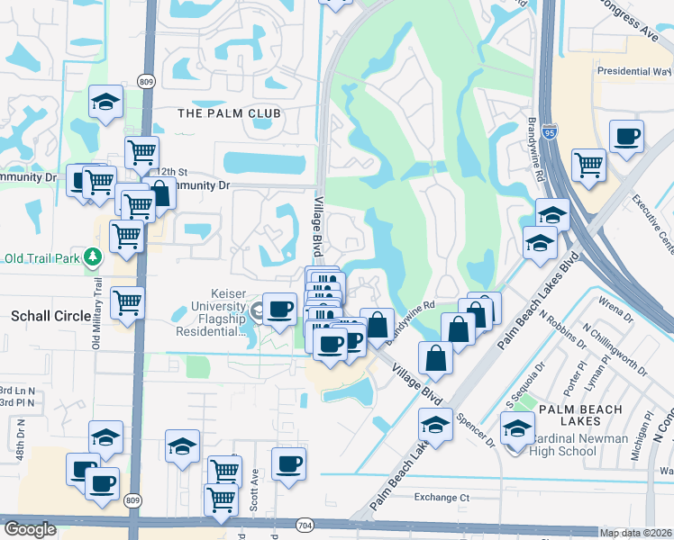 map of restaurants, bars, coffee shops, grocery stores, and more near 1620 Village Boulevard in West Palm Beach