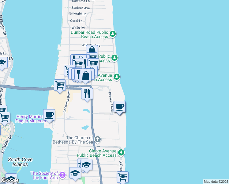 map of restaurants, bars, coffee shops, grocery stores, and more near 2 Breakers Row in Palm Beach
