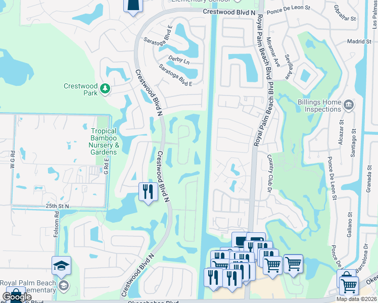 map of restaurants, bars, coffee shops, grocery stores, and more near 2102 Bellcrest Court in Royal Palm Beach