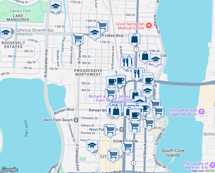 map of restaurants, bars, coffee shops, grocery stores, and more near 622 5th Street in West Palm Beach