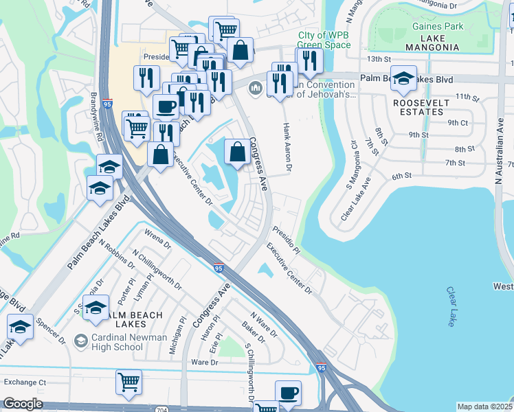map of restaurants, bars, coffee shops, grocery stores, and more near 1717 Borrego Way in West Palm Beach