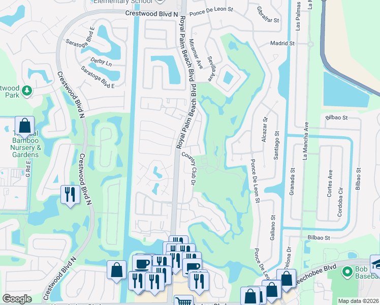 map of restaurants, bars, coffee shops, grocery stores, and more near 132 Sandy Lane in Royal Palm Beach