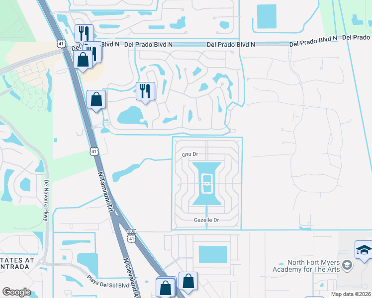 map of restaurants, bars, coffee shops, grocery stores, and more near 373 Zebra Drive in North Fort Myers