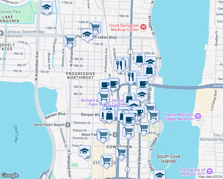 map of restaurants, bars, coffee shops, grocery stores, and more near 5th Street in West Palm Beach